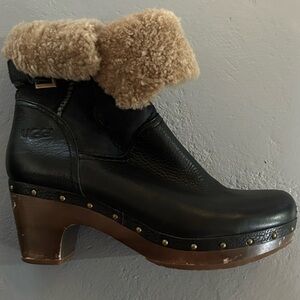 UGG- Black Leather Shearling Studded Clog Boots, Size 9